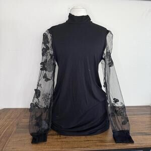 Shein Black Sheer Embroidered Sleeve Turtleneck Dress Large